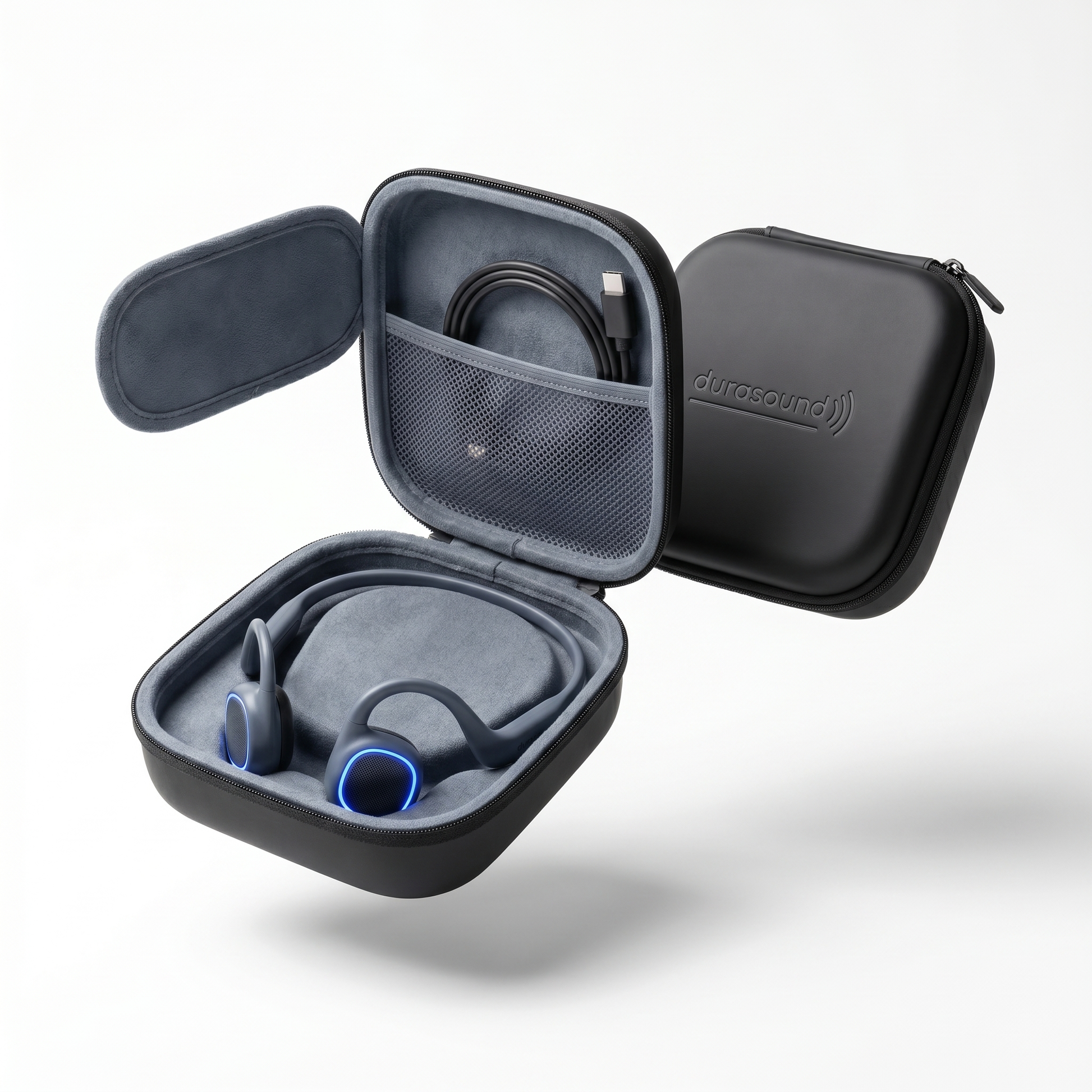 Durasound Heavy-Duty Travel Case — open with headphones inside
